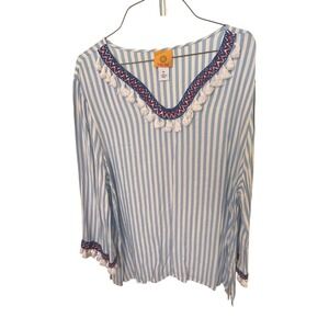 Ruby Rd Womens XL Blue White Striped Tassel Embroidered V-Neck Rayon Blouse